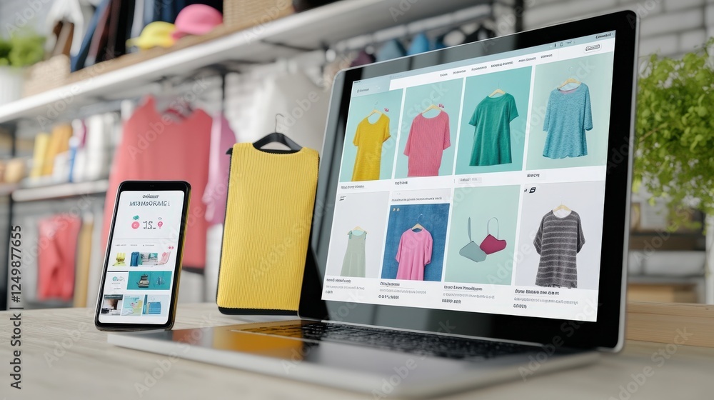 Modern E-commerce Setup Featuring Laptop and Smartphone Displaying Colorful Apparel Collection in Trendy Workspace with Soft Lighting and Organized Shelves Modern E-commerce Setup Featuring Laptop and Smartphone Displaying Colorful Apparel Collection in Trendy Workspace with Soft Lighting and Organized Shelves