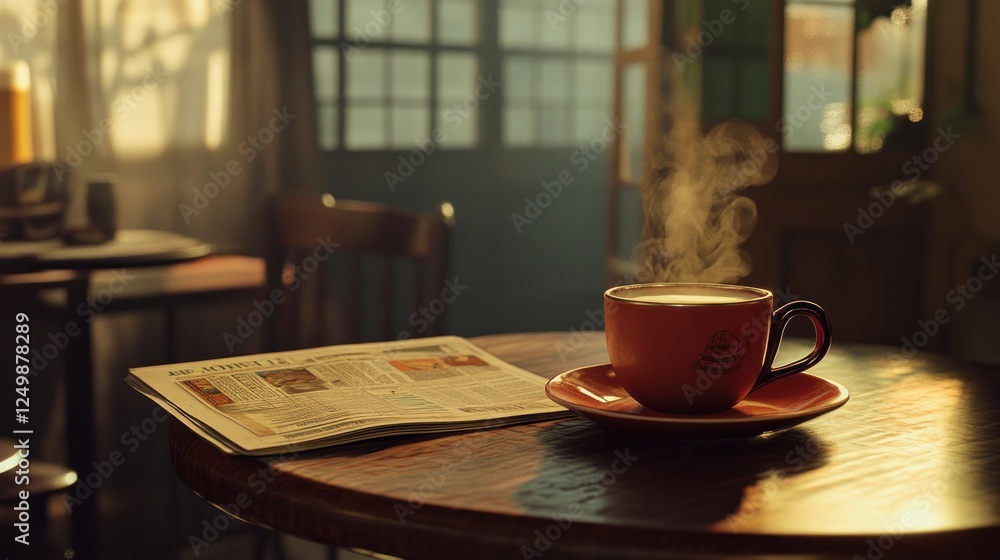 A newspaper resting on a table next a hot cup of coffee in a welcoming coffee shop A newspaper resting on a table next a hot cup of coffee in a welcoming coffee shop