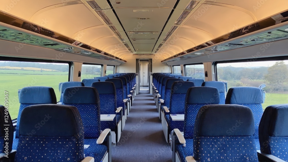Fototapeta premium Empty train carriage with blue seats and rural landscape view