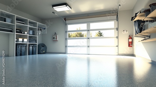 Bright, clean, organized garage interior with storage, overhead lighting, and a large glass garage door.