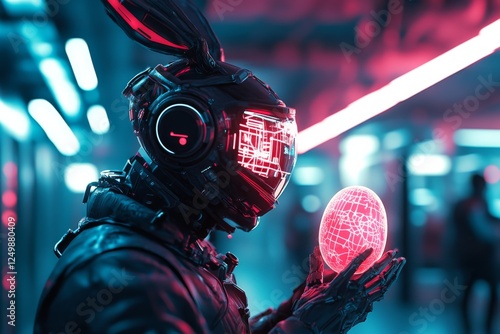 Futuristic humanoid figure with glowing helmet holds a radiant egg-shaped object in a neon-lit urban setting photo