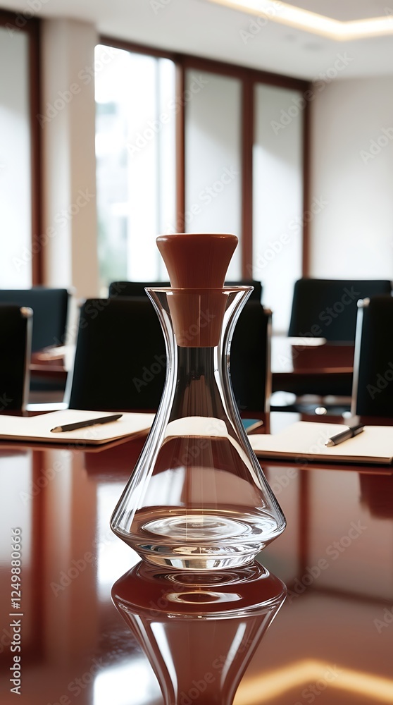 Stylish whiskey decanter with golden-brown liquid sitting on a sleek wooden surface in a sunlit office, representing sophistication, exclusivity, and luxury lifestyle concepts for bars and business se Stylish whiskey decanter with golden-brown liquid sitting on a sleek wooden surface in a sunlit office, representing sophistication, exclusivity, and luxury lifestyle concepts for bars and business se