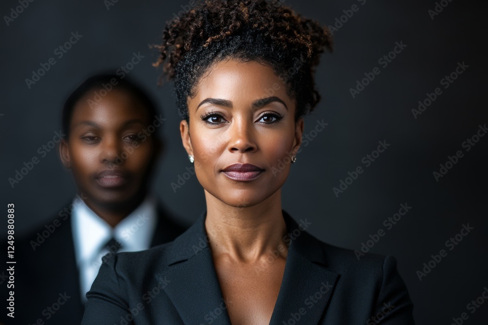 Confident business professionals posing together in a dark studio setting Confident business professionals posing together in a dark studio setting