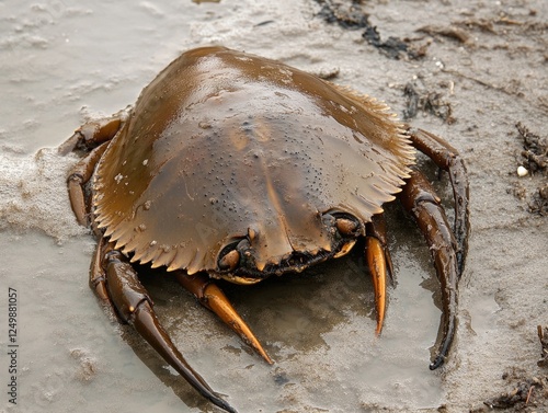 Close-up of a Horseshoe Crab in the Mudflat at Low Tide on a Wetland photo