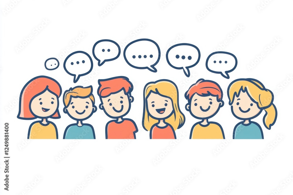 A group of people talking and laughing together, a flat illustration with a white background, in a simple line art style Generative AI A group of people talking and laughing together, a flat illustration with a white background, in a simple line art style Generative AI