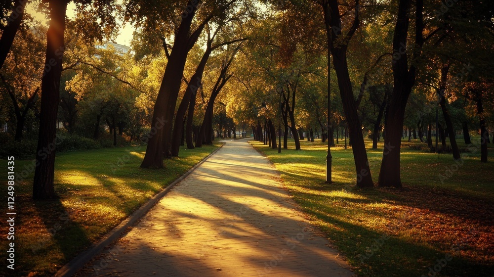 Sunlit path through autumnal park with trees casting shadows. Sunlit path through autumnal park with trees casting shadows.