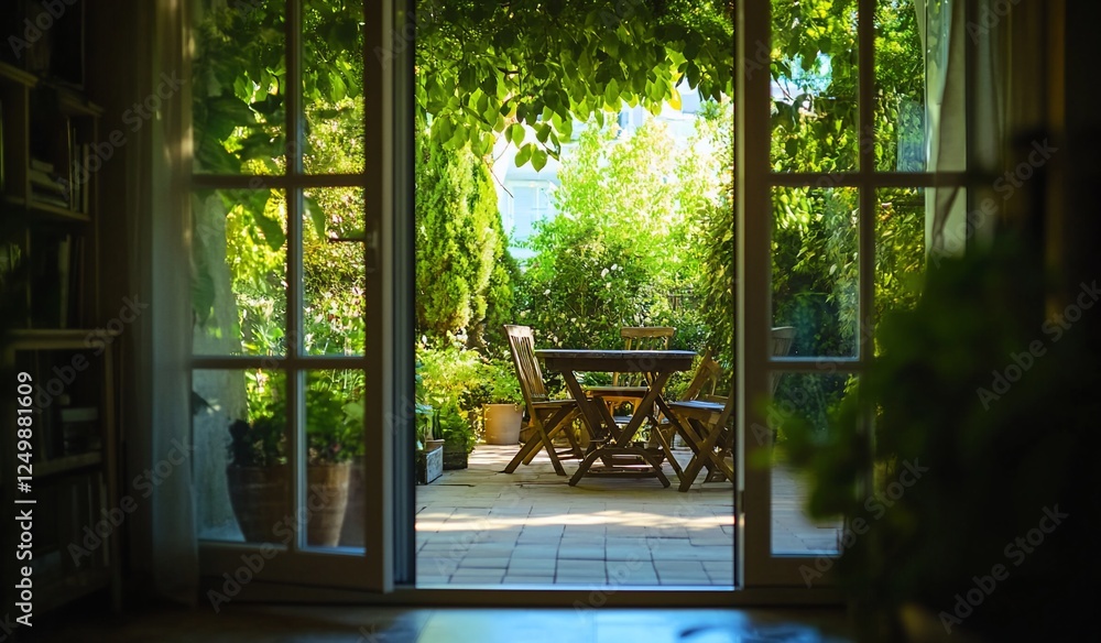Sunlit patio garden view from interior, showing wooden table and chairs. Sunlit patio garden view from interior, showing wooden table and chairs.
