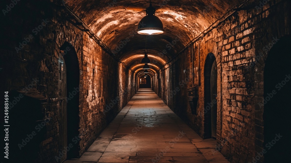 Dark, long brick tunnel with arched doorways and dim lighting. Dark, long brick tunnel with arched doorways and dim lighting.