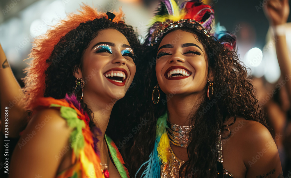 Two excited women at the Rio Carnival share a moment of laughter, one wearing a feathered costume while the other sports vibrant makeup, as a cheering crowd fills the colorful street scene. Two excited women at the Rio Carnival share a moment of laughter, one wearing a feathered costume while the other sports vibrant makeup, as a cheering crowd fills the colorful street scene.