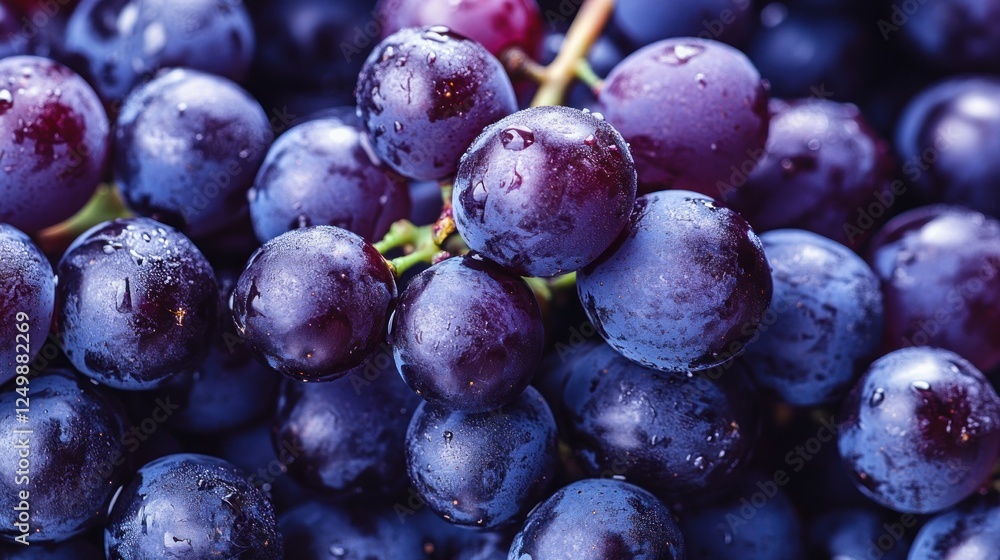 Fototapeta premium Close-up of fresh, ripe, dark purple grapes with water droplets.