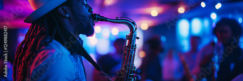 A group of jazz musicians playing in an atmospheric urban setting, with moody blue and purple lights highlighting a saxophonist in a white fedora as he performs alongside fellow instrumentalists. photo