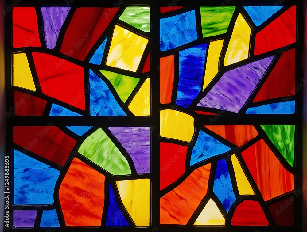Vibrant stained glass mosaic with multicolored geometric pieces arranged in an abstract pattern, featuring deep reds, blues, greens, and yellows illuminated by light reflections
Vibrant stained glass mosaic with multicolored geometric pieces arranged in an abstract pattern, featuring deep reds, blues, greens, and yellows illuminated by light reflections