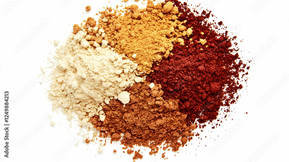 Four spice powders on white background. Food photography for recipe websites Four spice powders on white background. Food photography for recipe websites