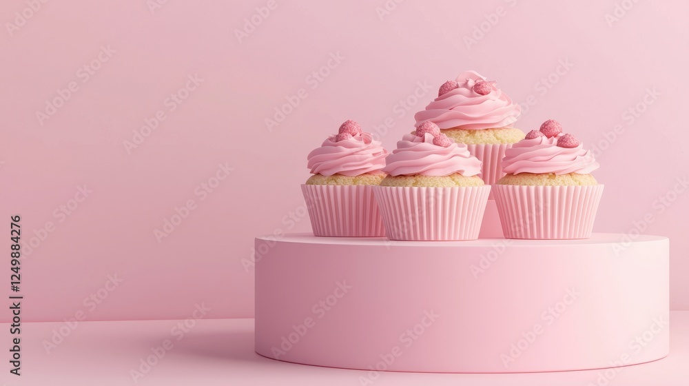 A visually appealing display of four pink frosted cupcakes on a round pedestal against a soft pink backdrop.