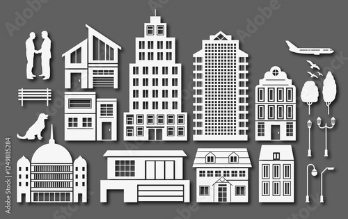 Vector silhouette of buildings, trees, people, airplanes, light poles