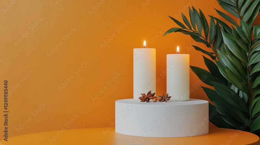 A serene display of two lit candles on a white pedestal, surrounded by decorative elements and lush green foliage, set against a warm orange background. A serene display of two lit candles on a white pedestal, surrounded by decorative elements and lush green foliage, set against a warm orange background.