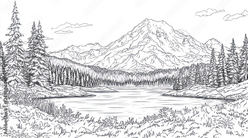 Majestic mountain lake, evergreen forest, peaceful nature scene, ideal for travel brochures Majestic mountain lake, evergreen forest, peaceful nature scene, ideal for travel brochures