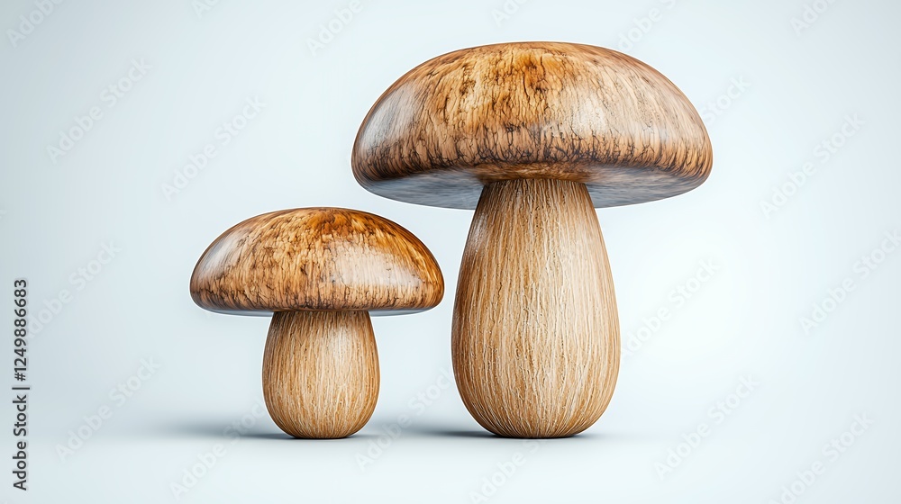 Two Brown Mushrooms in Low Poly Style Against a Light Blue Background Two Brown Mushrooms in Low Poly Style Against a Light Blue Background