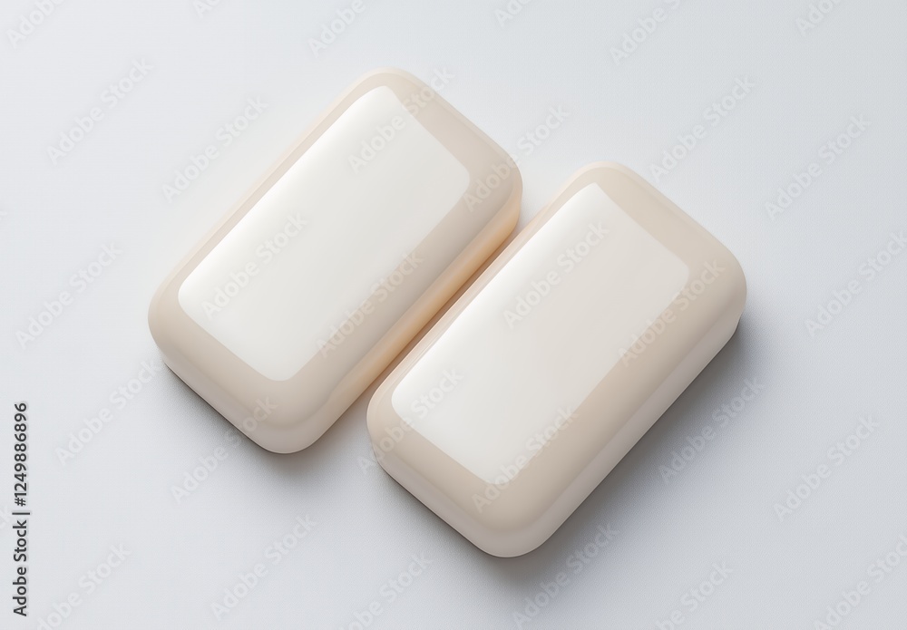 Two Pale Beige Rectangular Soap Bars on Off White Surface Two Pale Beige Rectangular Soap Bars on Off White Surface