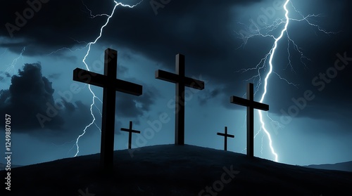 Dramatic silhouette of three crosses on a hill with a lightning strike in the background. Powerful representation of faith, sacrifice, redemption, and divine power in Christianity

