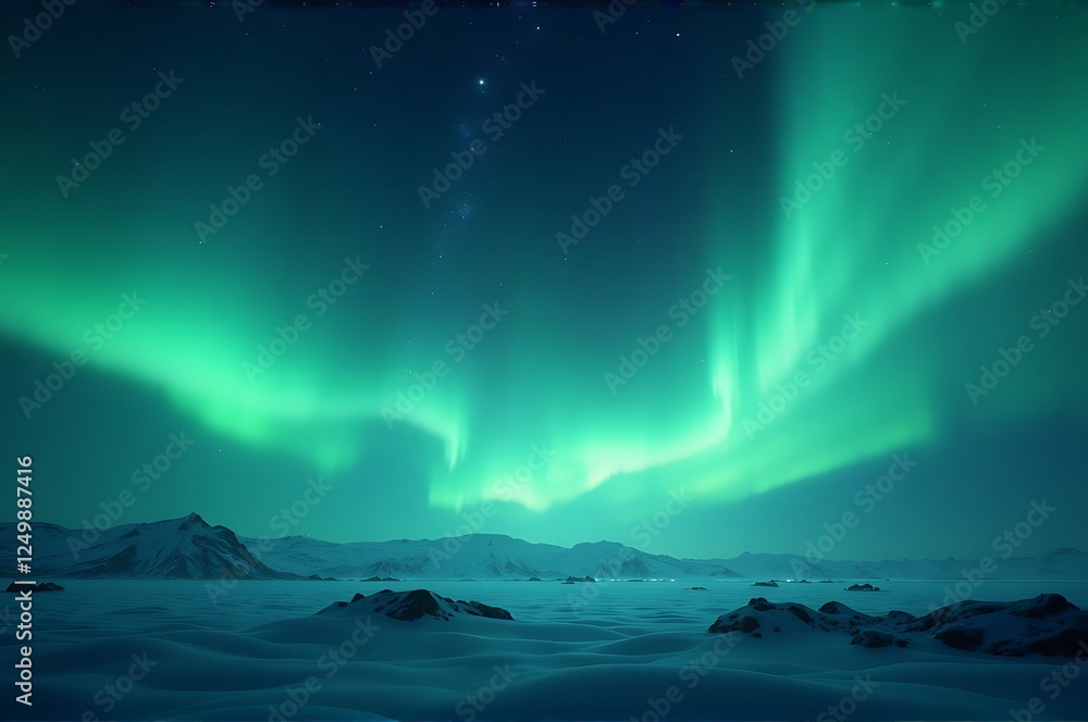 Naklejka premium northern lights over frozen arctic landscape with snowy mountains and calm lake reflecting green aurora borealis in winter night sky, magic nature scenery with bright stars and glowing