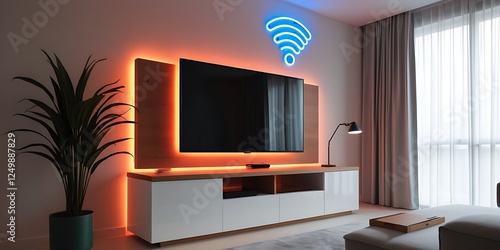 Stylish smart home setup with a large TV, neon WiFi symbol, and ambient LED lights, representing the future of connected living, digital entertainment, and modern home automation

 photo