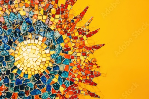 Colorful mosaic artwork depicting a sun shape against yellow backdrop photo