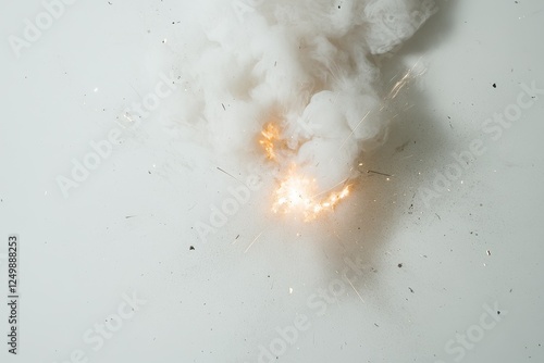 Small explosion with smoke and sparks on a light surface