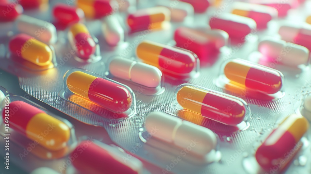 Detailed view of various antibiotic capsules displayed in blister packaging Detailed view of various antibiotic capsules displayed in blister packaging