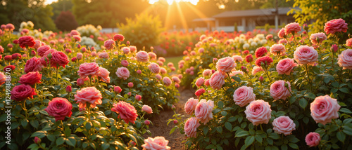 Breathtaking rose garden at sunset showcasing vibrant pinks and reds, creating a romantic and peaceful atmosphere in a landscape setting photo