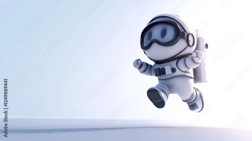 A cute cartoon astronaut in a spacesuit joyfully leaps across a light blue background. A cute cartoon astronaut in a spacesuit joyfully leaps across a light blue background.