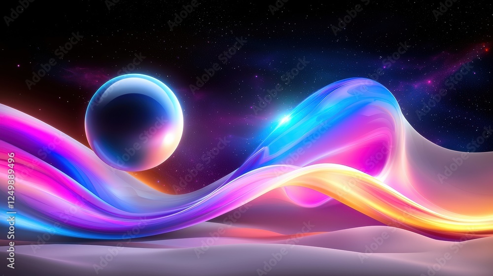 Abstract Colorful Neon Space Background With Planet And Light Waves Abstract Colorful Neon Space Background With Planet And Light Waves