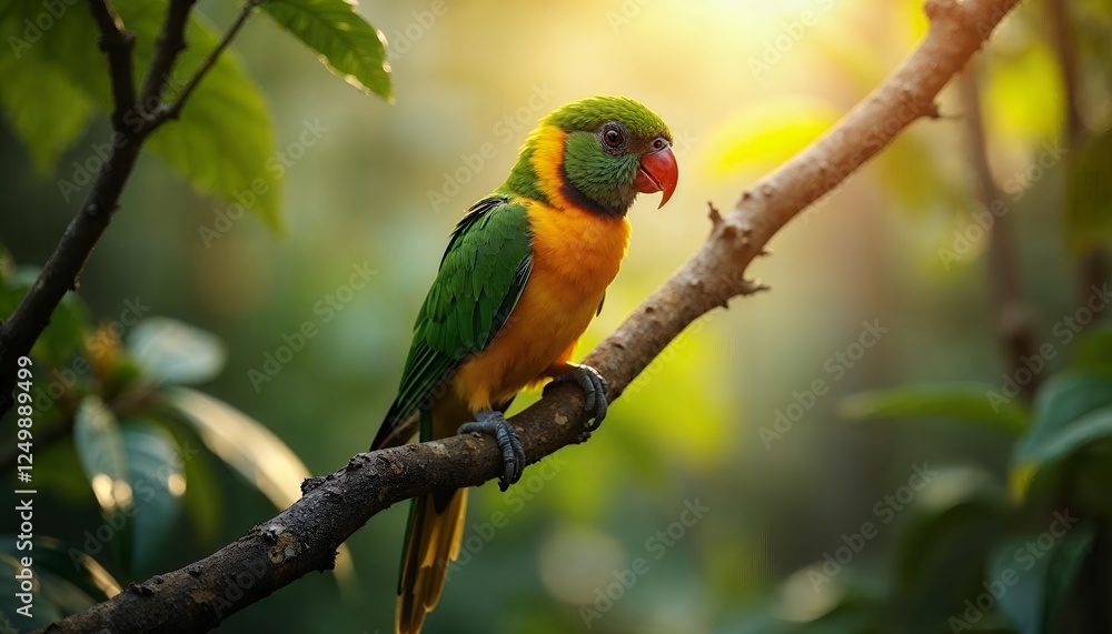 Vibrant Lorikeet Perched on Branch Enjoying Sunlight in Lush Greenery Vibrant Lorikeet Perched on Branch Enjoying Sunlight in Lush Greenery