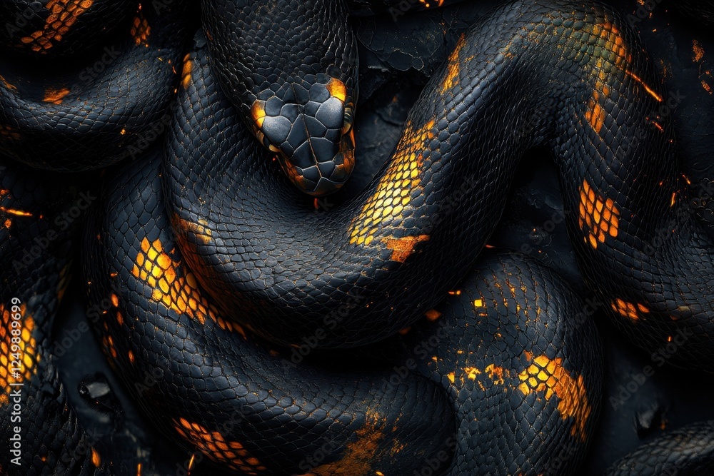 Fototapeta premium Coiled snake exhibiting striking black scales with amber highlights