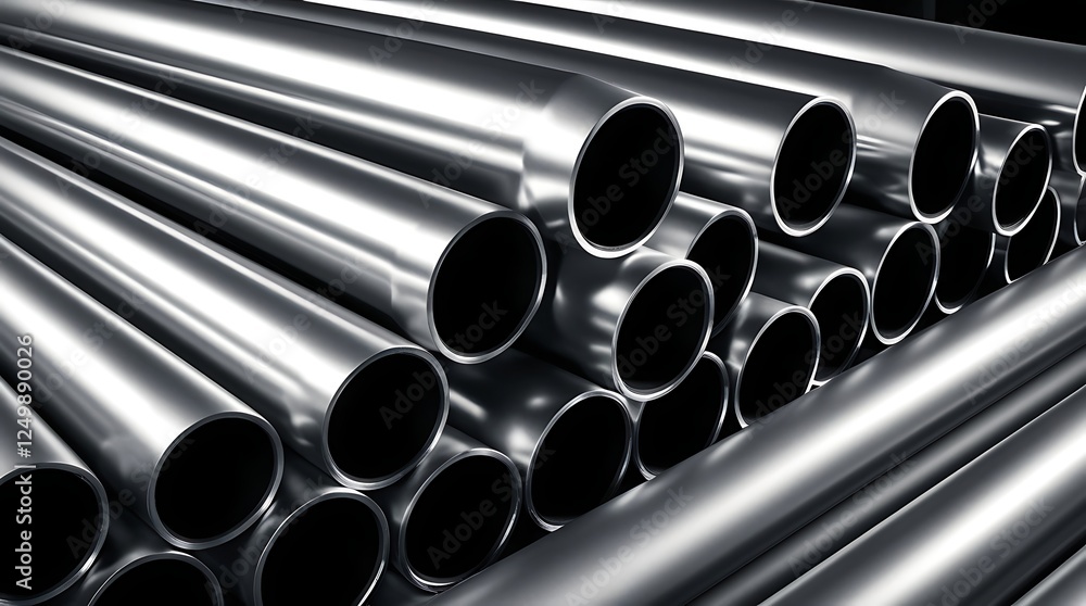 Polished tubular steel pipes arranged for industrial use, highlighting durability and versatility for construction, manufacturing, and transportation purposes Polished tubular steel pipes arranged for industrial use, highlighting durability and versatility for construction, manufacturing, and transportation purposes