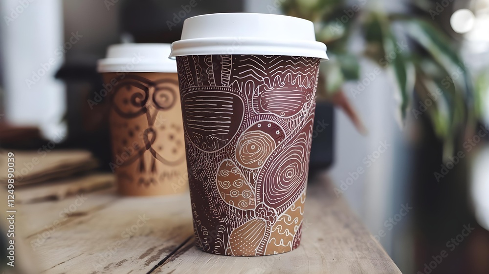 Coffee Cup with Abstract Artistic Design on Wooden Table,A disposable coffee cup photographed on a rustic wooden table, decorated with an intricate abstract pattern in brown and white.
Coffee Cup with Abstract Artistic Design on Wooden Table,A disposable coffee cup photographed on a rustic wooden table, decorated with an intricate abstract pattern in brown and white.