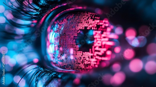 Close-up of a human eye with a digital code reflected in the pupil, surrounded by bokeh lights.
