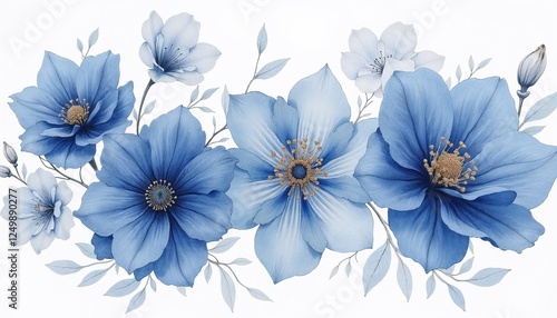 Wallpaper Mural Beautiful watercolor illustration of blue flowers with delicate leaves and details Torontodigital.ca