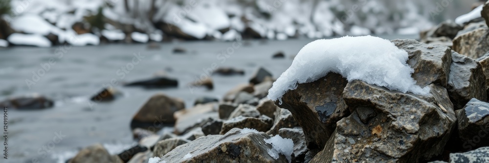 Snow-covered rocks with a tranquil mood representing winter by a flowing river Snow-covered rocks with a tranquil mood representing winter by a flowing river