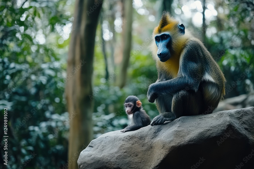 Obraz premium A mandrill mother and her baby sit on a rock in a lush green forest.