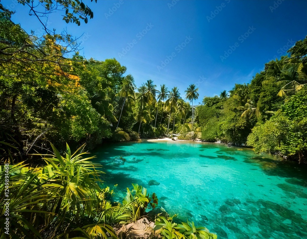 Obraz premium Tropical Paradise Lagoon – Lush greenery with crystal-clear blue water
