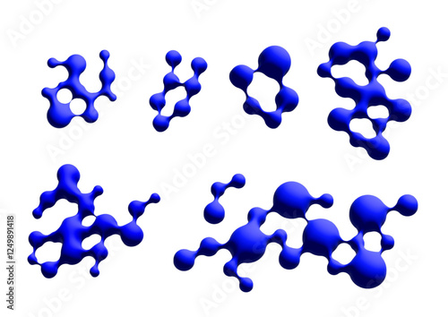 3D abstract liquid bubbles on blue background. Concept of future science: floating morphing spheres, molecular elements or nanoparticles. vector illustration.