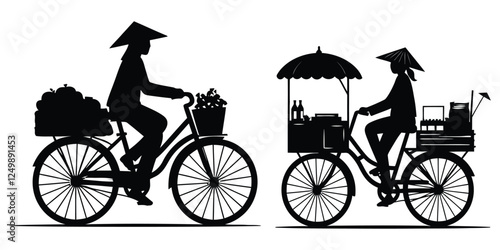 Asian street vendors on bikes silhouette