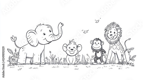 Cute cartoon animals in a grassy landscape. Coloring book illustration photo