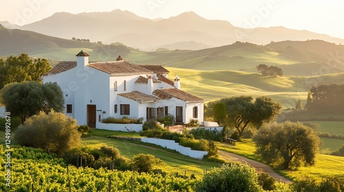 Hillside villa sunrise, vineyard, rural landscape, serene view, vacation rental
