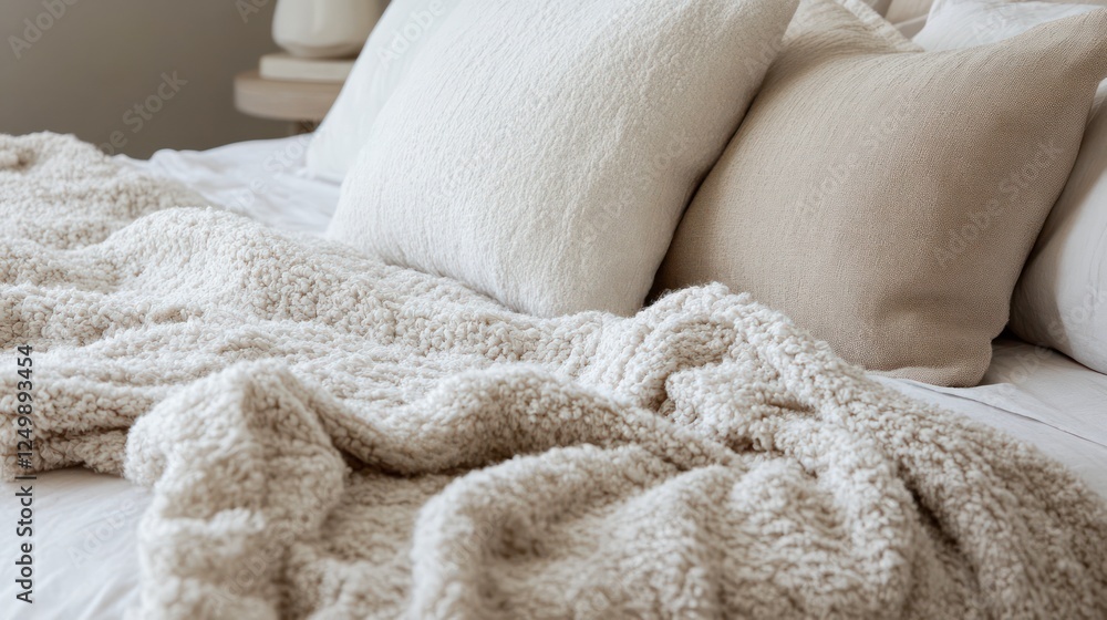 A minimalist bed with modern lighting and a plush throw blanket, set in a serene, neutral-toned bedroom for a cozy ambiance. A minimalist bed with modern lighting and a plush throw blanket, set in a serene, neutral-toned bedroom for a cozy ambiance.