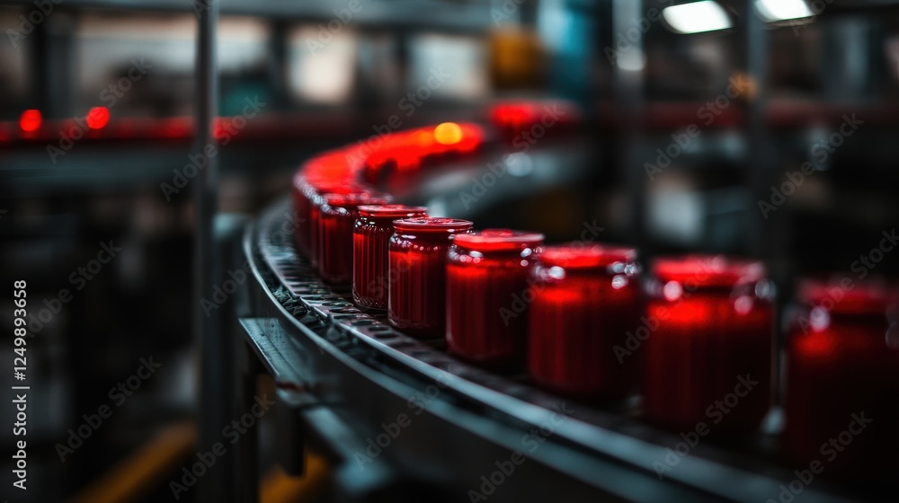 Red jars on a conveyor belt in a factory, showcasing a busy production line with blurred machinery Red jars on a conveyor belt in a factory, showcasing a busy production line with blurred machinery