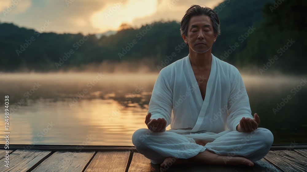Meditation by the serene lake at sunset with peaceful surroundings