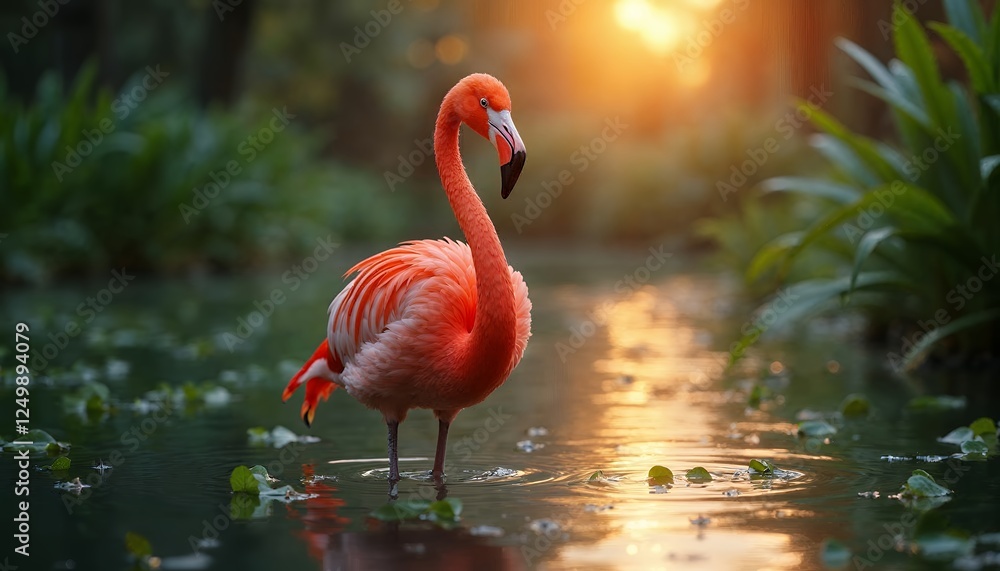 Fototapeta premium Flamingo Standing in Water with Sunlit Background in Natural Habitat