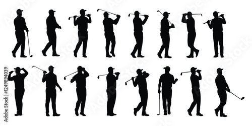 Silhouette male golf golfer golfing action poses in the ground vector sport Eps10